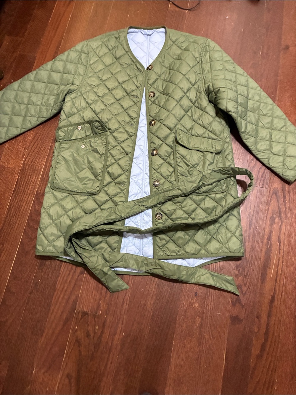 Reversible Quilted Puffer Jacket in Light Blue and Olive